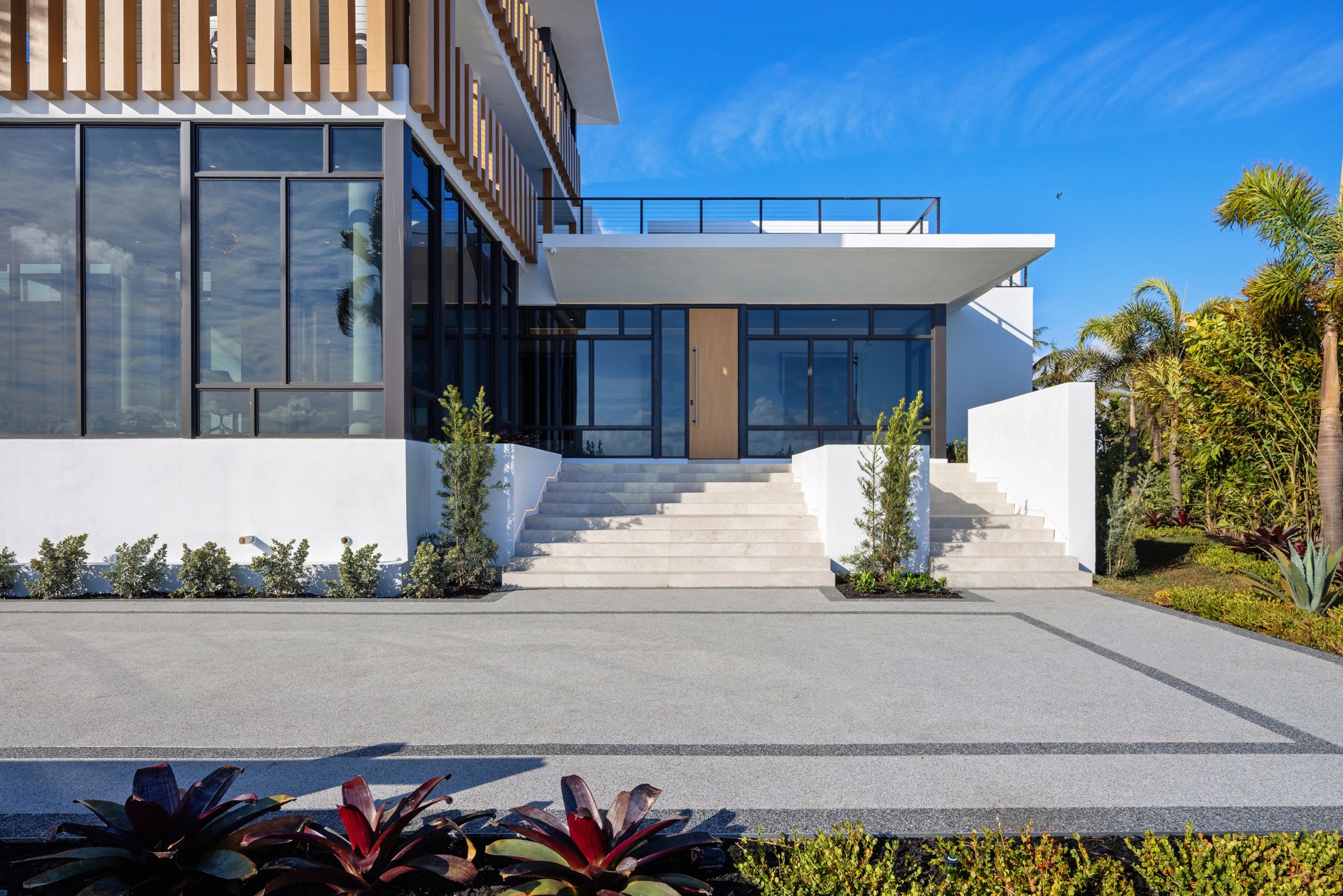 Luxury waterfront residence at dusk