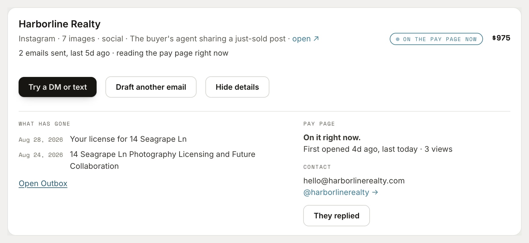A logged sighting on the Resid ledger: two emails sent, the client on the pay page now, and the next move offered as a DM or a text.